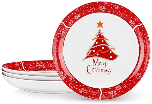 VEWEET, Série CHRISTMASTREE, Ensemble de 4 Bols à Pâtes en Porcelaine | φ26.7cm 1440ml | Grands Bols à Salade pour Fête de Noël | Passe au Lave-vaisselle et au Micro-ondes | Rouge et Blanc