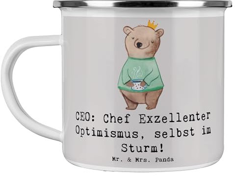 Mr. & Mrs. Panda Camping Emaille Tasse CEO Optimismus - Geschenk, Herausforderungen, Chief Executive Officer, Emaille Trinkbecher, Geschäftsleitung,