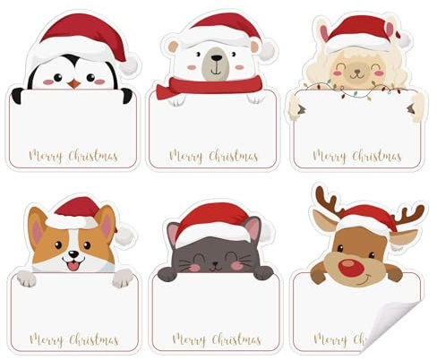 BETESSIN Weihnachtsetiketten Selbstklebend - 120 Stück Weihnachtsaufkleber mit Tiere Motiven - Geschenkaufkleber zum Beschriften 6cm - Weihnachtssticker für Namensetiketten