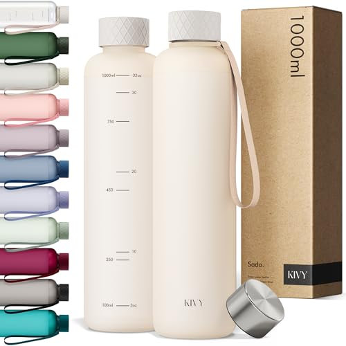 KIVY Gourde en Tritan (1000 ml) - Convient pour les boissons gazeuses, légère comme une plume - Gourde de gym - Bouteille pour le sport - Beige - Bouteille de sport 1 l - Sans BPA