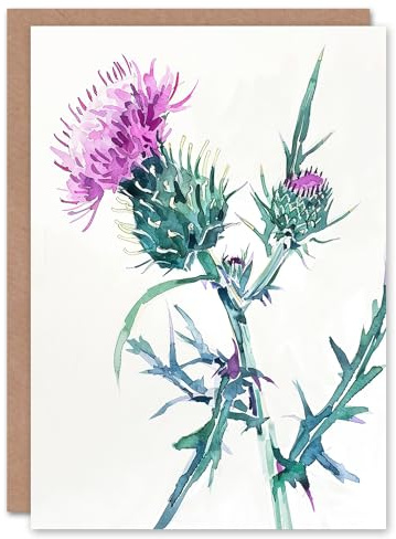 Artery8 Greeting Card Scottish Thistle Flower Bloom Floral Watercolour Blank For Him Or Her Art Birthday Card
