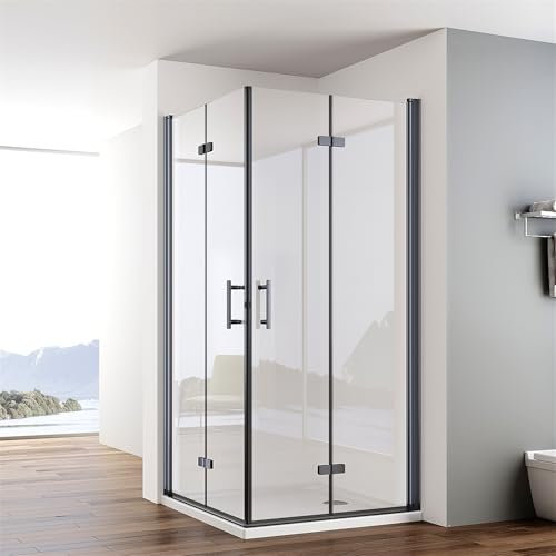 IMPTS Duschkabine Schwarz Eckeinstieg 100x100cm Falttür Doppel Drehfalttür Rahmenlos Faltdusche 180º Duschabtrennung Faltbar 6mm NANO ESG Sicherheitsglas Höhe 195cm, OHNE Duschwanne