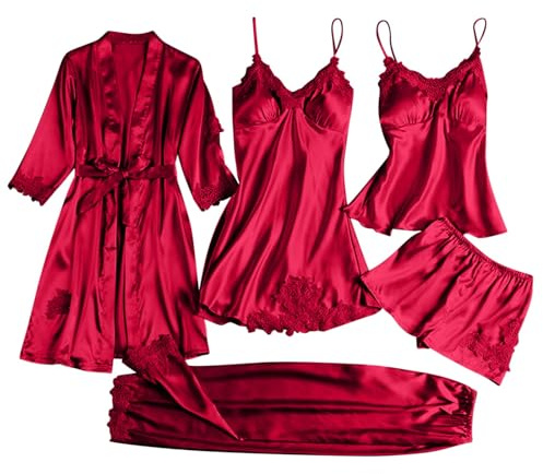 5 Piece Pyjamas Set Women Satin Silk Pajamas Kimono Robe Floral Lace Cami Tops Shorts Pants Nightdress Bathrobe Pjs Sets Sleepwear Soft Comfy Loungewear Ladies Nightwear Sexy Underwear Home Wear