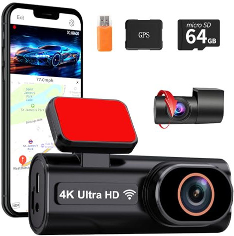 4K Dashcam Auto WiFi Autokamera mit 64GB Karte App Nachtsicht Loop-Aufnahme G-Sensor 24h Parkmodus Flip Spiegel 170°Weitwinkel (K6 Front+Rear Camera)