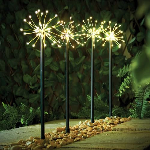 Taylor & Brown 4 Pack 160 LED Warm White Starburst Christmas Pathway Lights, Firework Path Decorations, Outdoor Garden Stake Lighting, 50cm Tall, Mains Powered