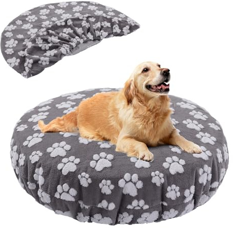 BALAPET Waschbare Hundebettbezüge, Ersatzbezug, rund, wasserdicht, weicher Haustierbettbezug mit schönem Hundepfotenabdruck und doppelseitigem nutzbarem Design, nur Bezug (Dunkelgrau, 114,3 x 114,3 x