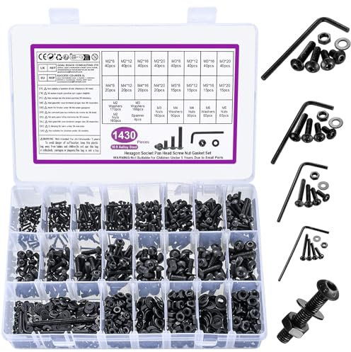 Set di 1430 viti M2 M3 M4 M5, viti a esagono incassato nere, set di dadi con rondelle, viti filettate con dadi, viti a testa bombata e dadi, set di viti per bicicletta