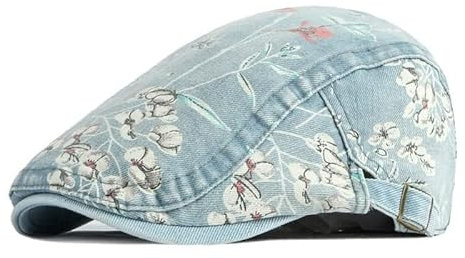 Schirmmütze Damen Mädchen Denim Flatcap Schiebermütze mit Vintage Blumen Design Barett Driving Cabbie Jagd Flatcap Kappe (DE/NL/SE/PL, Alphanumerisch, Einheitsgröße, A)