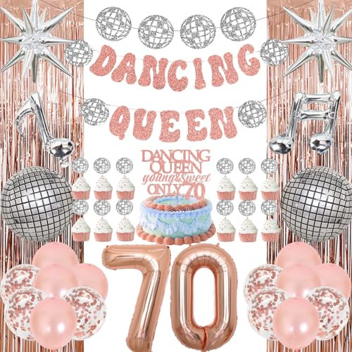70th Birthday Dancing Queen Decorations 43-Piece Disco Theme Party Kit With Glitter Cake Topper, Silver Confetti Balloons Mamma Mia Inspired 70s Retro Decor For Birthday Party