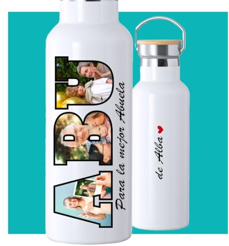 Botella de Agua Térmica Personalizada con Fotos, 500ml, Diseño ABU con 3 Fotos, Regalo para Abuelos y abuelas, dia del padre, dia de la madre.