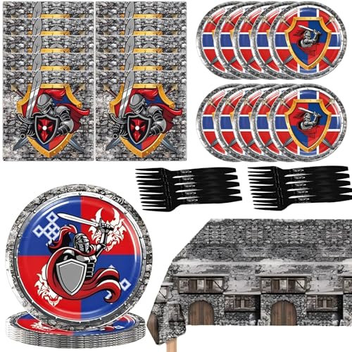 Mittelalterliches Ritter-Geburtstagsparty-Zubehör, Dekorationen, inklusive Tischdecke, Teller, Servietten und Geschirr für Kinder, Mädchen, Babyparty, mittelalterliches Ritterschloss, Themenparty