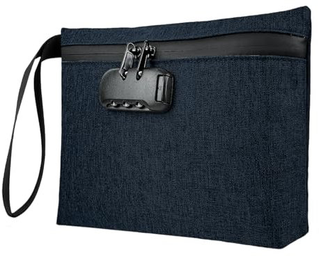 BOJLY Geruchsdichte Tasche, Geldtasche mit Zahlenschloss - 32 x 19cm wasserdichte Tasche, Aktivkohle Gefüttert für Reisen/Essentials, Sichere Aufbewahrung (Blau)