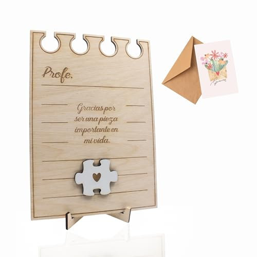 Ayurvana Regalo Fin de Curso Profesora – Lámina de Madera Grabada con Pieza de Puzzle y Postal – Detalle Personalizado y Emotivo para Maestra, Educadora o Profe – Decoración con Base