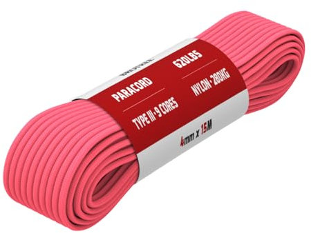 Brotree Paracord 4mm 15M 9 Strands 100% Nylon Rope Type 3 Parachute Cord for Outdoor, Bracelet, DIY - 280kg Breaking Load (Neon Pink)