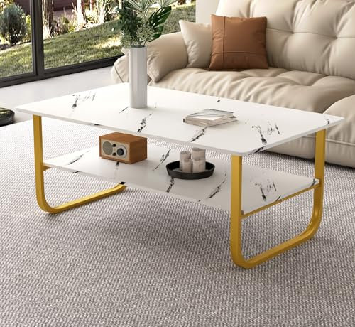 GOLDFAN Table Basse Marbre à 2 Niveaux Rectangulaire, Table Centrale de Salon en Bois avec Rangement Moderne et Pieds Doré Le Salon Chambre Bureau, 100 x 60 cm (Blanche)