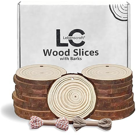 Holzscheiben Baumscheiben mit Loch Deko Rund Klein, 7-8 cm 18 stück | inkl.2 Kordeln,zum basteln,zum bemalen,zum beschriften,naturbelassen,mit Rinde