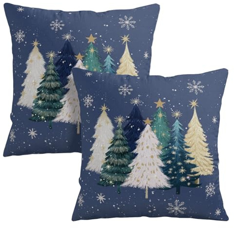 Wnoesat Blaue Weihnachts-Kissenbezüge, 45,7 x 45,7 cm, 2 Stück, Blaugrün, Weiß, Gold, Weihnachtsbaum-Schneeflocken, dekorativer Outdoor-Kissenbezug, Winterurlaub, Bauernhaus, Kissenbezug für Sofa