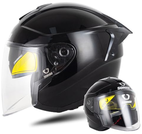 Zweilagiges Visier Motorrad-Jethelm Ganzjahres-Unisex-Offener 3/4-Halbhelm Ganzjahres-Universal-Herausnehmbares Futter Sicherheit Aufprallschutz Glänzend schwarz S/55-56cm