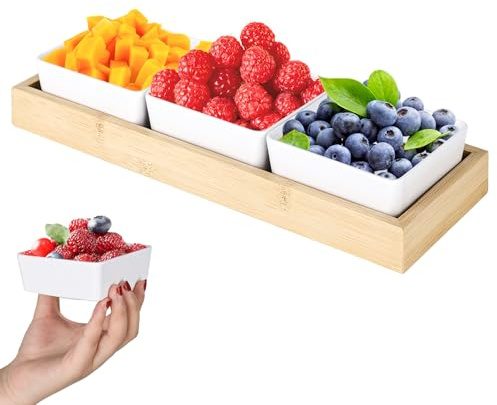 PYserne 3 x Dipschalen mit Brett Holz, Dip Schalen Set Tischdekoration Dip-Schälchen Schale Dessertschalen Dipschalen Set für Snackschalen Marmeladen Dessert Konfitürene Weiß