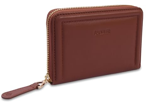 SADDLER Annie Leather 14cm RFID Clutch Purse Wallet, Classic Tan | Organises with 2 zippered sections, coin pocket, and card slots. Includes a protective presentation gift box.