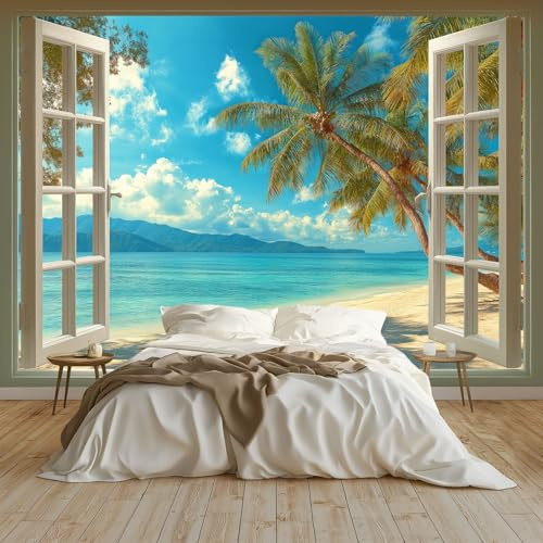 Art Fototapete 300x210 cm Tapete Fototapeten Vlies Tapeten Vliestapete Wandtapete Meerblick Fenster Palmen Wand Schlafzimmer Wohnzimmer Blau