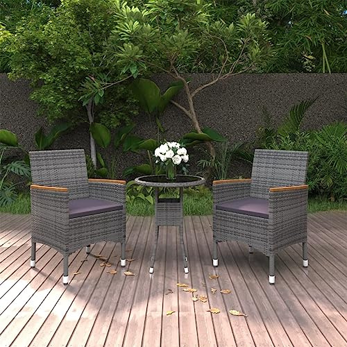 QJBSAVVA 3-TLG. Gartenmöbel-Set Polyrattan Grau 60 cm runder Tisch und 2 ergonomische Stühle mit Akazienholz-Armlehnen Robustes Material für Outdoor-Nutzung platzsparendes Balkon-Set