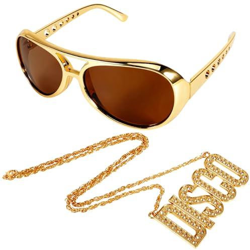 2er Fette Gangster Kette & Brille Gold, 70er 80er 90er Hippie Accessoires | Hip Hop Zuhälter Kostüm Accessoires für Karneval Fasching Mottoparty