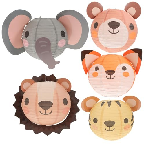 SHERCHPRY 5 Stück Faltbare Papierlaternen mit Tiermotiven Dschungel Geburtstagsdekoration für und Kindergarten mit Cartoon Motiven Tiger Löwe Bär Elefant Fuchs