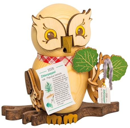 Drechslerei Kuhnert Räucherfigur - Jahreseule 2026 mit Zitterpappel aus Massivholz - Größe: ca. 16 cm - Made in Germany