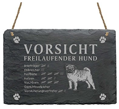 Mops - Schild aus Schiefer - Vorsicht freilaufender Hund Türschild 22 x 16 cm