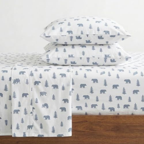 Eddie Bauer - Flannel Sheets Twin Size, Anti-Pilling & Wrinkle Resistant Cotton, Touchably Soft for All-Season Comfort - Bed Sheets with Matching Pillowcase & Fitted Sheet (Bears and Trees Blue)