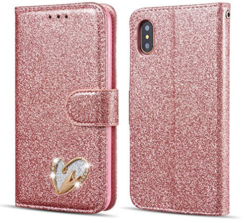 QLTYPRI Case for iPhone XR, Glitter Premium PU Leather TPU Bumper Card Holder [Wrist Strap] Wallet Case with Cute Inlaid Loving Heart Diamond Flip Cover for iPhone XR - Rose Gold