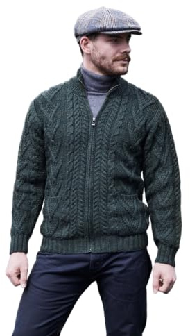SAOL Maglione Cardigan Invernale Caldo Lavorato a Maglia con Cerniera al 100% Lana Merino Irlandese con Tasche (Verde Militare, XXL)