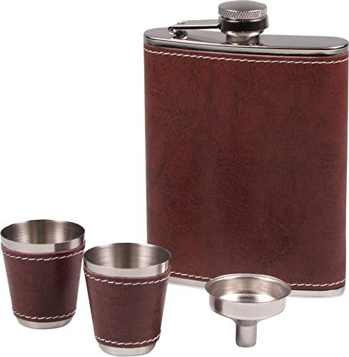 Hauser - Juego de petaca y Embudo (Aspecto de Piel, 210 ml, 2 Vasos), Color marrón