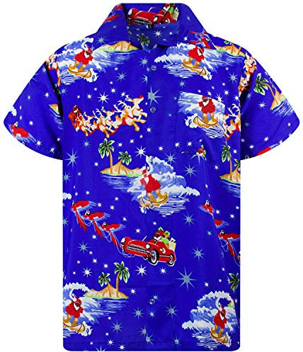 King Kameha Funky-Hawaii-Hemd, Weihnachten, Herren, Kurzarm, Christmas-Surf-Santa, Blau, 5XL