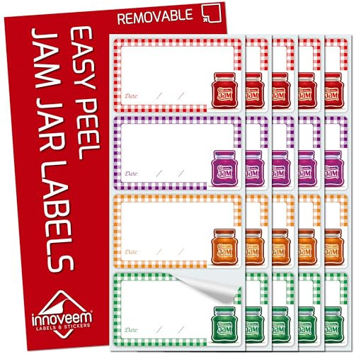 Innoveem Jam Labels for Jars - 64 Waterproof, Self Adhesive, Easy Peel Off - Perfect for Home & Kitchen Use - 8.75x5cm - Multicolor - Brand: Innoveem - Product Type: LABEL - Number of Labels: 64