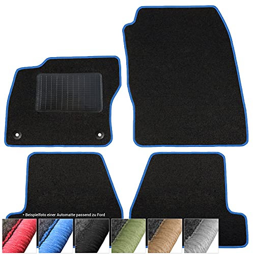 moto-MOLTICO Fußmatten Auto - Velours Autoteppiche passend für Ford Fiesta (2008-2011) - 4-teiliges Set - Schwarze Automatten mit Blauen Ziernähten