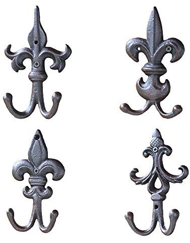 TentHome 4er Set Antik Garderobenhaken Lilie Doppelwandhaken Gusseisener Dekorativer Wandhaken Doppel Kleiderhaken Doppelhaken mit Schrauben Dübeln