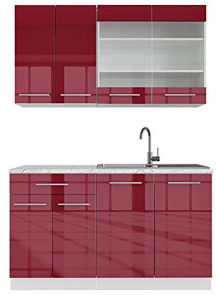 Vicco Cocina para Solteros Fame-Line, Burdeos Brillo Intenso/Blanco, 140 cm sin encimera