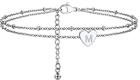 PROSTEEL Damen Fußkette Buchstabe M Edelstahl doppellagige Fußarmband mit Herz Charms schlichte Mädchen Fußkettchen 22+5cm Rolokette Knöchel Armband Sommer Schmuck Accessoire
