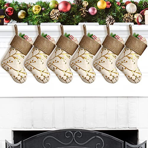 DecroXmas Weihnachtsstrumpf 6er Set Mini 23 cm Xmas Sockensack Candy Bronzing Zweige Muster mit Jute Design für Home Party Dekoration