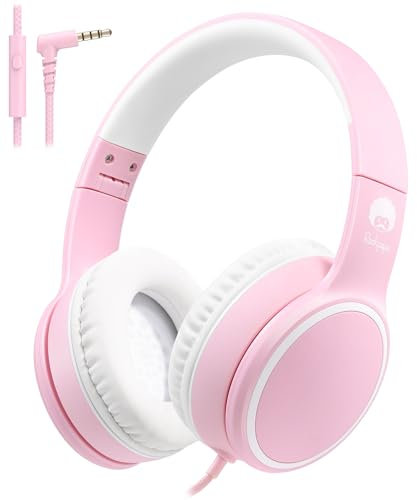 Rockpapa E9W Kids Headphones, Wired Head phones for Kids with Microphone, Adjustable Headband, Foldable Headphones for Travel/PC/Mac/Laptop/Phone (White Pink)
