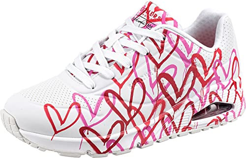 Skechers UNO Spread The Love Damen-Sneaker, White W Red and Pink Heart Print Durabuck M, 35.5 EU
