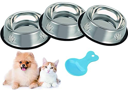 Stainless Steel Cat Bowls, 3 Pack Metal Dog Bowls for Food and Water, Non-Slip Pet Feeding Dish Bowl with Rubber Base for Cat Puppy Small Medium Dog