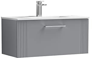 nuie DPF296B Deco Modern Bathroom Wall Hung 1 Drawer Part Fluted Vanity Basin Unit with Minimalist Ceramic Basin, 800mm, Satin Grey