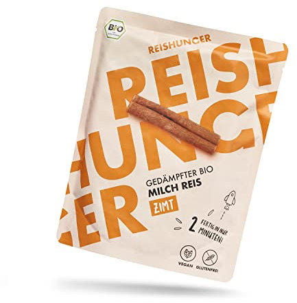REISHUNGER BIO Gedämpfter Mikrowellen Milch Reis mit Zimt, Tonkabohne & Orangenschale 12x250g - Vegan & Glutenfrei - Fertig in 2 Minuten