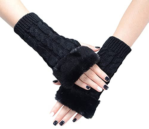SUNTRADE Fingerlose Damen-Handschuhe, Armstulpen mit Kunstfell, Winter fingerlose Handgelenkwärmer, Schwarz, Medium