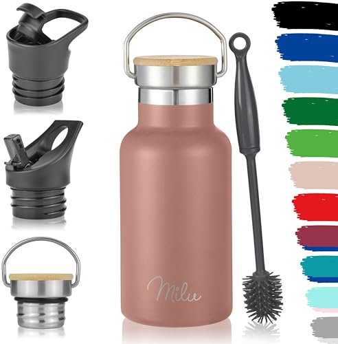 Milu Stainless Steel Drinking Bottle 350ml, 500ml, 750ml, 1l (+3 Lids) - Thermo Bottle with Straw, Water Bottle, for Hot, Cold & Carbonated Drinks (Rose Gold, 350ml)