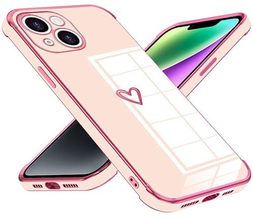 Keteen Handyhülle für iPhone 13 Hülle Cute Herz Muster Mädchen Galvanisierte Kameraschutz Weich TPU Silikon Schutzhülle Ultra Dünn Case Stoßfeste Hülle für iPhone 13, Rosa