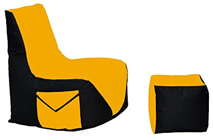 Momiralland Komfort Sitzsack XL - XXL mit Hocker Sitzkissen BodenKissen Sessel In- & Outdoor geeignet Gaming Sitzsack für Erwachsene und Kinder (Schwarz – Gelb, XXL - Durchmesser 80 cm)